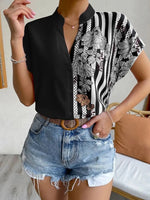Women Clothing Summer Double Matching Contrast Color Floral Button Cardigan Short Sleeve Shirt Women - Quality Home Clothing| Beauty