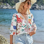 Summer Autumn Lace Bell Sleeve V Neck Loose Printed Chiffon Shirt - Quality Home Clothing| Beauty