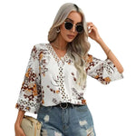 Summer Autumn Lace Bell Sleeve V Neck Loose Printed Chiffon Shirt - Quality Home Clothing| Beauty