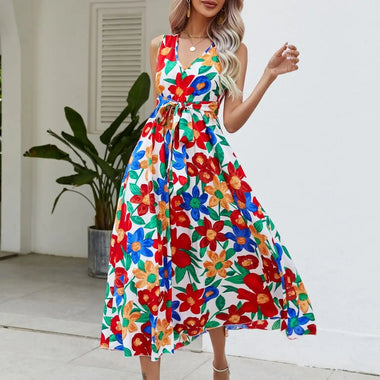 Summer Holiday V Neck Corset Large Floral Beach Dress - Quality Home Clothing| Beauty
