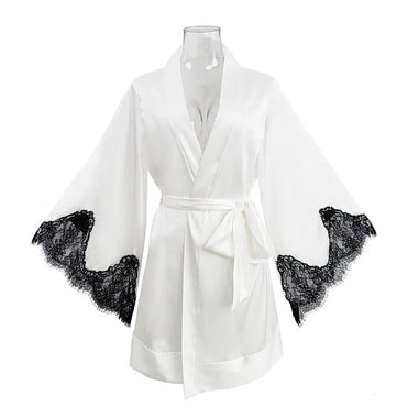 Summer Long Sexy Seduction Pajamas Women Cardigan Lace Bell Sleeve White Nightgown Satin Bathrobe - Quality Home Clothing| Beauty