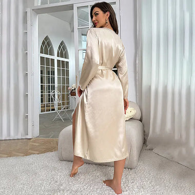 Summer Sexy Emulation Silk Nightgown Women Long Sleeve Long Tie Bathrobe Morning Gowns Casual Homewear - Quality Home Clothing| Beauty