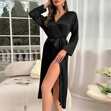 Summer Sexy Emulation Silk Nightgown Women Long Sleeve Long Tie Bathrobe Morning Gowns Casual Homewear - Quality Home Clothing| Beauty
