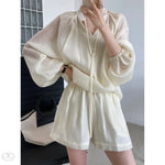 Summer Sports Casual Lace-up Long Sleeve Sun Protection Clothing Wide Leg Shorts Suit Two-Piece Set - Quality Home Clothing| Beauty