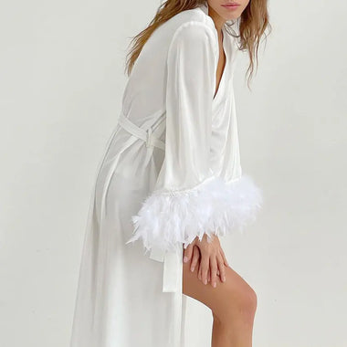 Summer White Lace up Nightgown French Fairy Fashion Feather Comfort Ice Silk Women Home Pajamas - Quality Home Clothing| Beauty