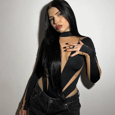 Summer Women Clothing Sexy Casual Mesh Stitching High Waist Long Sleeves Tight Jumpsuit - Quality Home Clothing| Beauty