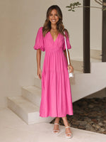 Summer Advanced Sense Vacation Deep V Plunge Puff Sleeve Dress Women - Quality Home Clothing| Beauty
