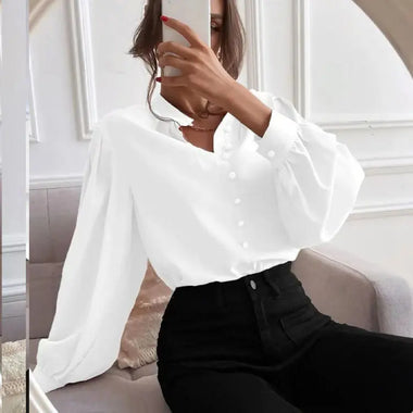 Women  Shirt Autumn Elegant Solid Color Collared Long Sleeve Single Row Button Loose Women Top - Quality Home Clothing| Beauty