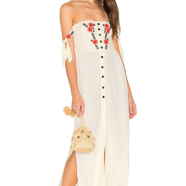 Women  Summer New Bohemian Vacation Embroidered Dress Collar Shoulder Hanging Long Dress - Quality Home Clothing| Beauty