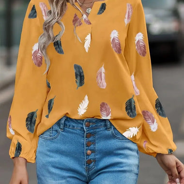 Women Clothing Spring Summer V neck Feather Print Long Sleeve Loose T shirt Women Top - Quality Home Clothing| Beauty