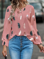 Women Clothing Spring Summer V neck Feather Print Long Sleeve Loose T shirt Women Top - Quality Home Clothing| Beauty