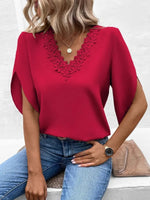 Women Clothing Summer Solid Color Lace V neck Flared Sleeves Loose Shirt Women Top - Quality Home Clothing| Beauty