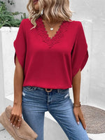 Women Clothing Summer Solid Color Lace V neck Flared Sleeves Loose Shirt Women Top - Quality Home Clothing| Beauty