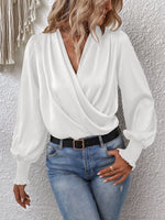 Women Elegant Women V neck Smocking Lantern Sleeve Office Women Solid Color Shirt - Quality Home Clothing| Beauty