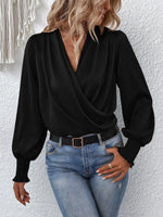 Women Elegant Women V neck Smocking Lantern Sleeve Office Women Solid Color Shirt - Quality Home Clothing| Beauty