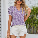 Women Ladies V neck Chiffon Floral Top Lace Puffed Sleeves Shirt - Quality Home Clothing| Beauty