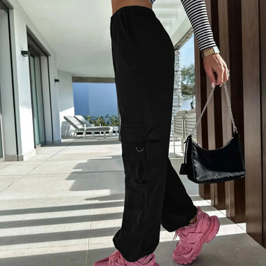 Women Pants Street Overalls Multi Pocket Lace up Trousers Metal Buckle Loose Straight Leg Ankle Banded Pants Trousers - Quality Home Clothing| Beauty