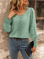 Women Round Neck Puff Sleeve Big Polka Dot Stitching Lace Smocking Shirt - Quality Home Clothing| Beauty