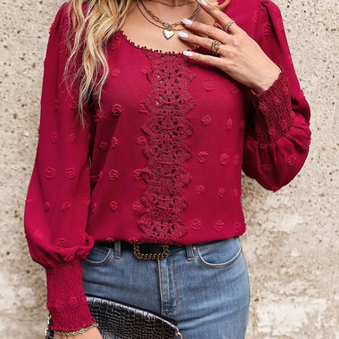 Women Round Neck Puff Sleeve Big Polka Dot Stitching Lace Smocking Shirt - Quality Home Clothing| Beauty