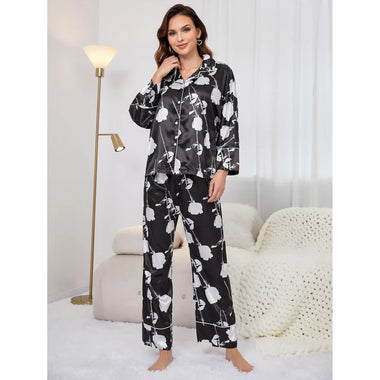 Women Spring Autumn Artificial Silk Plant Printed Long Sleeved Trousers Home Wear Suit - Quality Home Clothing| Beauty