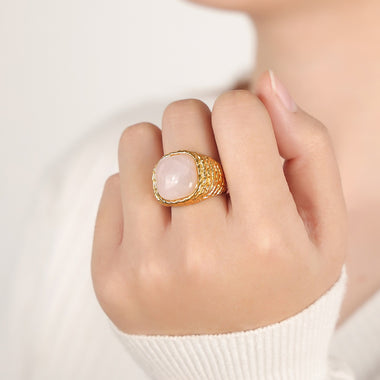 18K gold light luxury vintage braided pattern inlaid natural stone versatile ring - QH Clothing