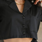 Black Satin Short Sleeve Pajama Set - QH Clothing