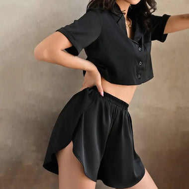 Black Satin Short Sleeve Pajama Set - QH Clothing
