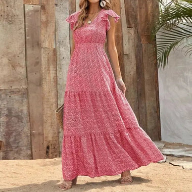 Bohemian V-neck High Waist Print Dress - QH Clothing