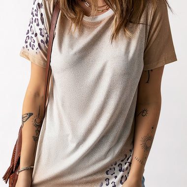 Khaki Bleached Leopard Print Crew Neck T Shirt