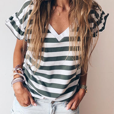 Sea Green Striped V Neck Ruffle Sleeve Top