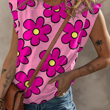 Pink Flower Print Round Neck Cap Sleeve T Shirt