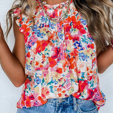 Red Frilled Neck Pleated Boho Floral Tank Top