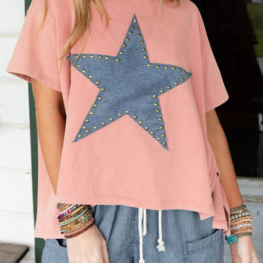 Apricot Pink Mineral Wash Studded Star Patch Graphic High Low Tee