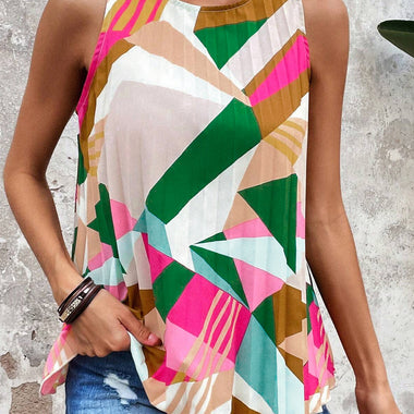 Multicolour Geometric Printed Pleated Shift Tank Top