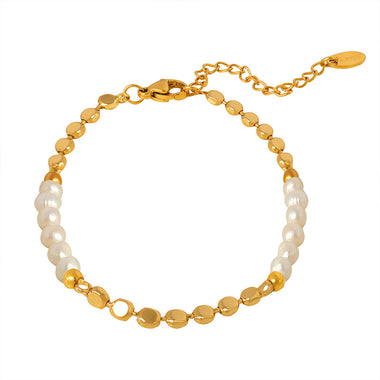 18K gold noble light luxury pearl stitching flat bead design bracelet - QH Clothing