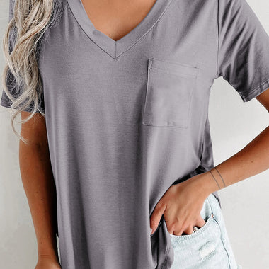 Medium Grey V Neck Pocketed Rounded Hem Tee