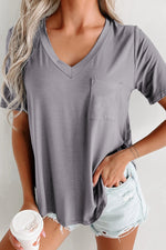 Medium Grey V Neck Pocketed Rounded Hem Tee