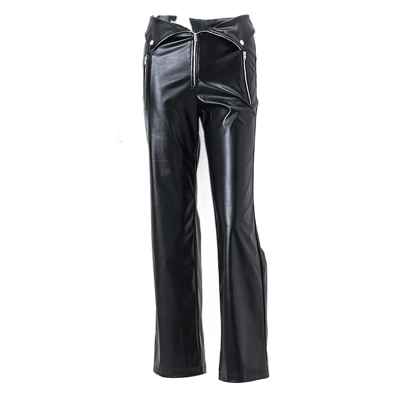 Fall Women High Waist Straight Loose Wide Leg Casual Pants Leather Pants