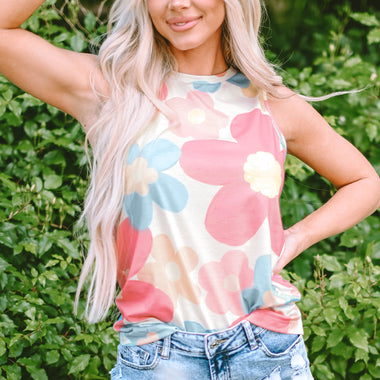 Pink Floral Print Round Neck Sleeveless Top