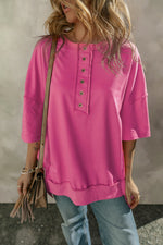 Rose Red Exposed Seam Button Neck Wide Sleeve Tunic Top