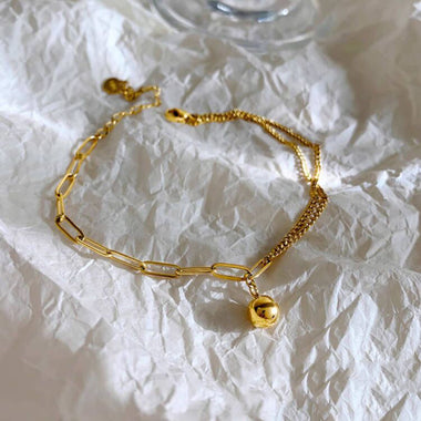 18K gold trendy and fashionable double chain splicing and small gold ball design anklet - QH Clothing