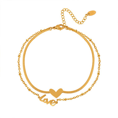 18K gold exquisite and fashionable heart with "LOVE" double-layer design anklet - QH Clothing