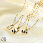 18K Chess Checker Black White Green White Titanium Steel Necklace - QH Clothing