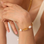 18K Gold Baroque Rectangular Chain Spacer Pearl Bracelet - QH Clothing