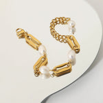 18K Gold Baroque Rectangular Chain Spacer Pearl Bracelet - QH Clothing