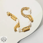 18K Gold Baroque Rectangular Chain Spacer Pearl Bracelet - QH Clothing