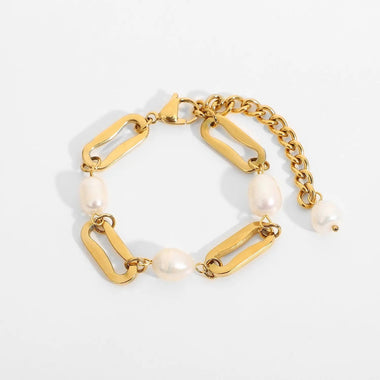 18K Gold Baroque Rectangular Chain Spacer Pearl Bracelet - QH Clothing