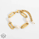 18K Gold Baroque Rectangular Chain Spacer Pearl Bracelet - QH Clothing