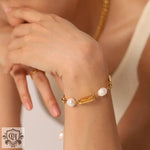 18K Gold Baroque Rectangular Chain Spacer Pearl Bracelet - QH Clothing