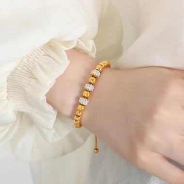 18K Gold Beaded Bracelet with Ring-Set Diamond Design - QH Clothing